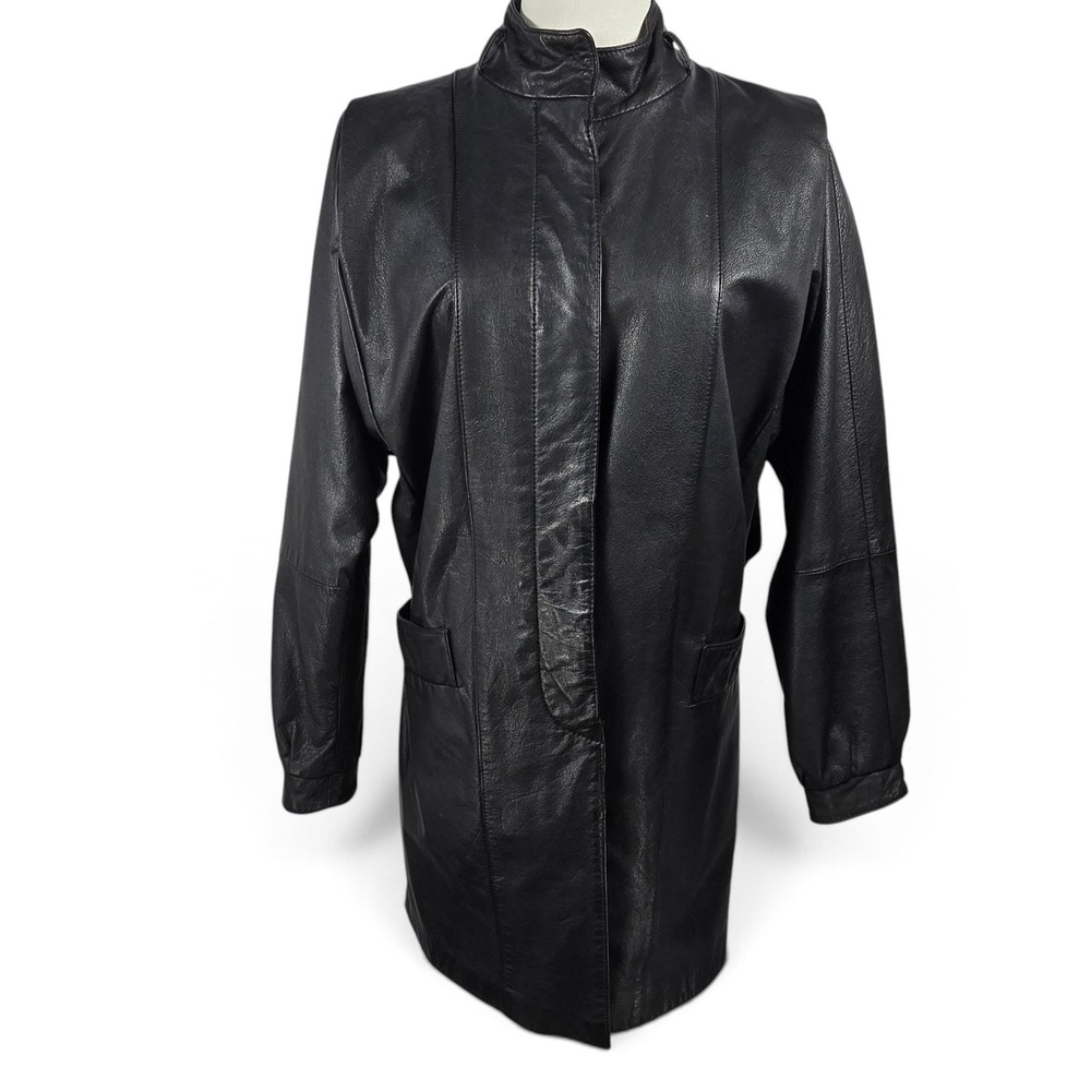 VTG Rive Droite Genuine Leather Jacket Womens Size 6 Black Funnel Neck Retro EUC